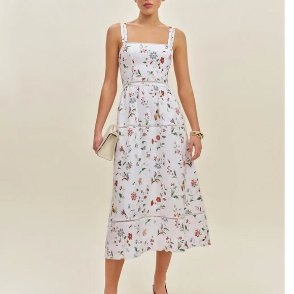 BEST Reformation Everett Linen Midi Dress - Corsini Ivory Floral Wedding Casual - Picture 12 of 14